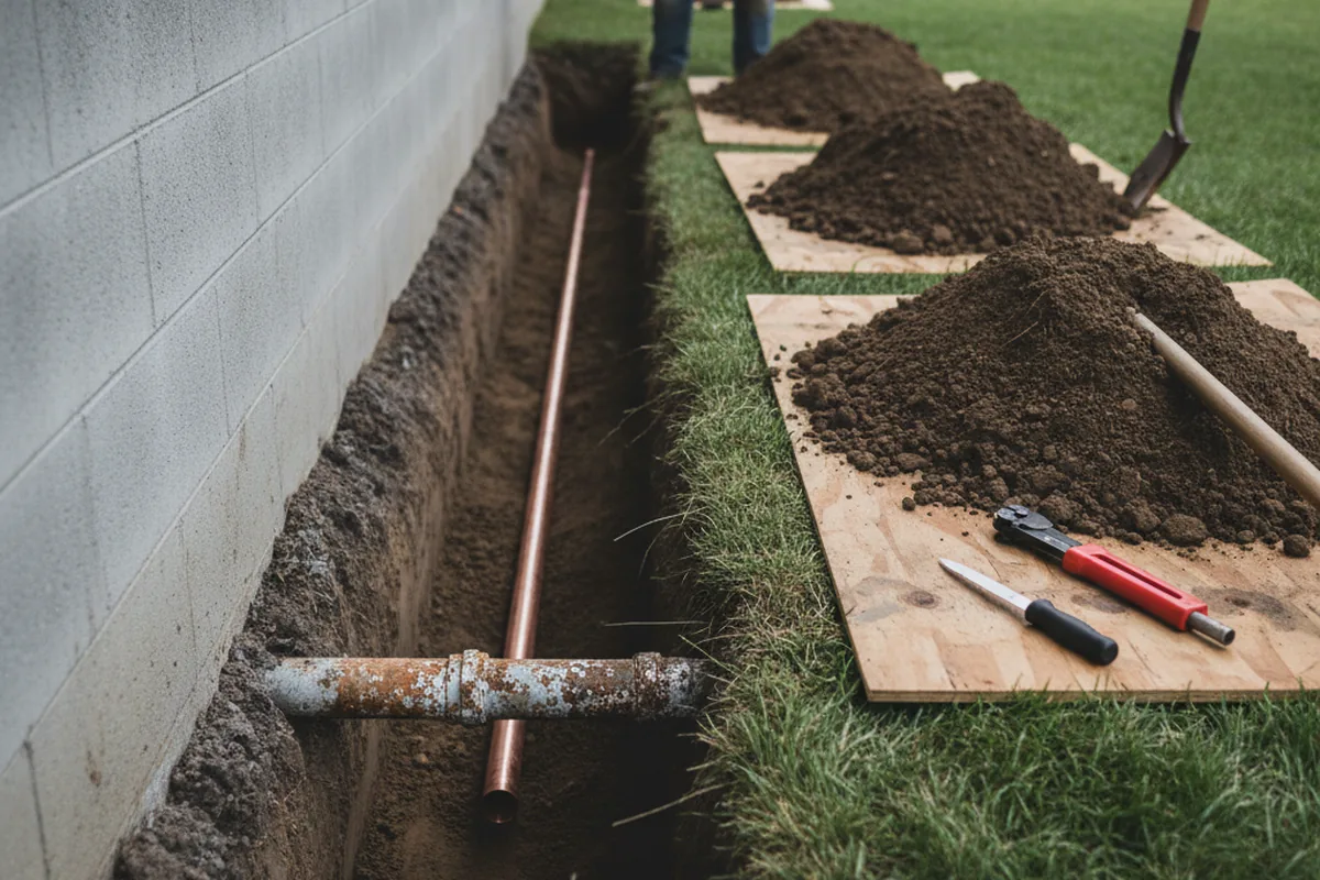 Excavated water line trench during Sewer Line Repair in Merrittstown